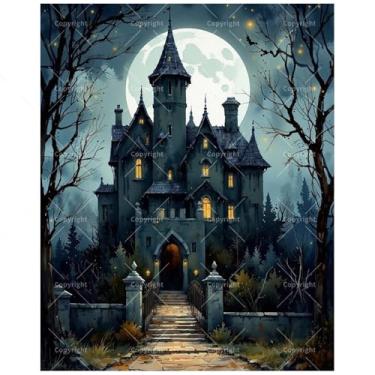 Imagem de Kit de pintura de fantasia por números para adultos - Castelo assombrado DIY com pintura de fundo de lua cheia em tela, conjunto de tinta acrílica, adequado para iniciantes, arte para decoração de
