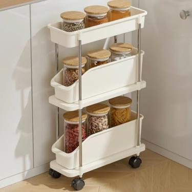 Imagem de Carrinho de armazenamento fino, com 3 andares, com cestas e rodas para espaço estreito na cozinha, sala de jantar, banheiro, lavanderia, creme branco (largura 16,3 cm)