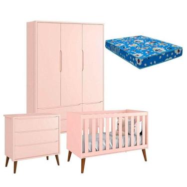 Imagem de Quarto De Bebê Theo 3 Portas Com Colchão E Cômoda Gaveteiro Rosa Pés Amadeirados - Reller