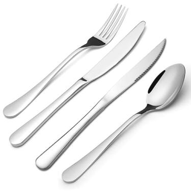 Imagem de Conjunto de talheres de prata com facas, garfo e colher, conjunto de talheres de aço inoxidável de grau alimentício, adequado para casa, cozinha e restaurante