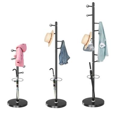 Imagem de ZOZOE Suporte de metal, cabideiro moderno independente com base de mármore natural, cabides industriais resistentes com 8 ganchos e suporte de guarda-chuva, suporte de cabide de árvore preto para