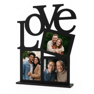 Imagem de Porta-Retrato Love em MDF Preto, Design Moderno com Palavra Love, 3 Espaços para Fotos 10x15 cm, Decoração para Casa