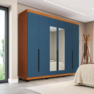 Imagem de Guarda-roupa Casal 6 Portas com Espelho Madrid Azul/Freijó