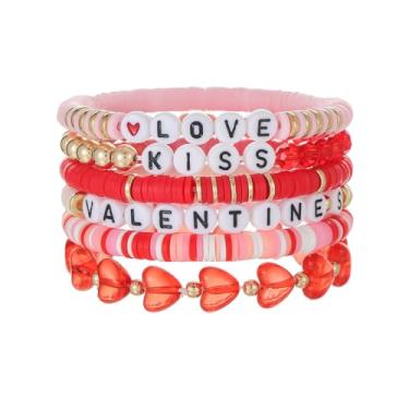 Imagem de Pulseiras de surfista Heishi para Dia dos Namorados, conjunto de pulseiras femininas com pingente empilhável de coração de amor, pulseiras elásticas de contas de argila, acessórios de férias, joias e