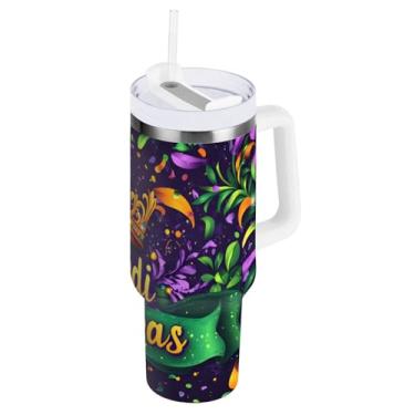 Imagem de Blueangle Copo isolado de máscara de carnaval de 1,134 g com alça e tampa de palha, caneca de viagem reutilizável de aço inoxidável (398)