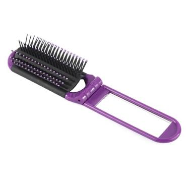 Imagem de Escova de cabelo dobrável portátil com espelho, mini escova de cabelo para viagem, pente de massagem compacto antiestática para mulheres, meninas, casa, academia, bolsa essencial (roxa)
