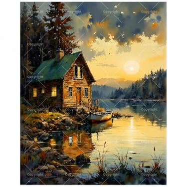 Imagem de TAOPAOLAB Kit de pintura à beira do lago por números para adultos – Casa de campo rústica DIY por pintura à água em tela 40,6 x 50,8 cm, conjunto de tinta acrílica, adequado para iniciantes, arte da