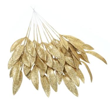 Imagem de 12 palhetas de spray de folhas artificiais douradas com glitter de 33 cm, galhos de folhas florais falsas, galhos, palitos de Natal, palitos decorativos de glitter, para vaso e árvore de Natal