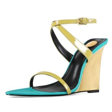 Imagem de CAGLGLZ Sandálias femininas de salto plataforma com tiras e bico aberto e pontiagudas, sandálias de salto com fivela e tira no tornozelo, sapatos sexy para vestido de casamento, Azul pavão, 37