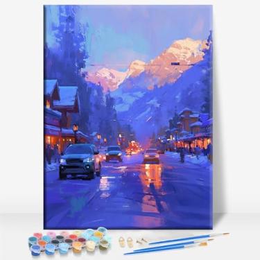 Imagem de HUINORYA Aspen Mountain Town Colorado Tela emoldurada DIY Kit de pintura por números bar café caverna casa de banho parede banheiro varanda pátio decoração presente, 40,6 x 30,5 cm