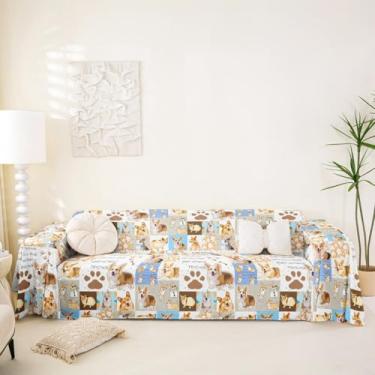 Imagem de jejeloiu Capas de sofá de desenho animado, lavável, fofa, Corgi, para cães, gatos, animais de estimação, sofá, kawaii, cachorrinho, marrom, macio, seccional, protetor contra arranhões, 180 cm x 118 cm