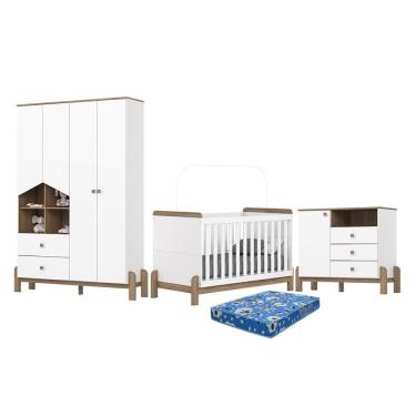 Imagem de Dormitório Infantil Ternura Guarda Roupa, Cômoda e Berço com Colchão Physical - Móveis Henn