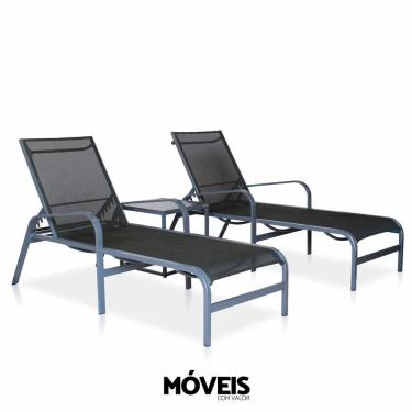 Imagem de Kit 2 Espreguiçadeiras De Alumínio + 1 Mesinha Lateral Para Piscina, Hotel - Grafite E Tela Preta