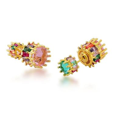 Imagem de Brinco Colorido Delicado, Cravejado Com Zirconias Banhado A Ouro 18k - Rosa