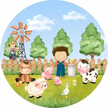 Imagem de Painel de Tecido Sublimado Redondo Fazendinha Menino no Campo e  Anima