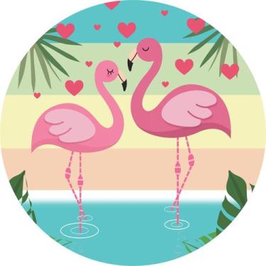 Imagem de Painel de Lona Redondo Flamingo Casal Faixas Horizontais Corações - Fa