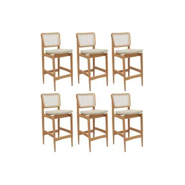 Imagem de Banqueta Cozinha Liz 1BMM009CA Premium Madeira Maciça Kit 6 Un Carvalho/Linho Bege Argila/Tela Bege - Kappesberg