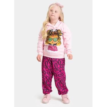 Imagem de Conjunto Inverno Menina Rosa Blusão com Capuz e Calça em Moletom Laços