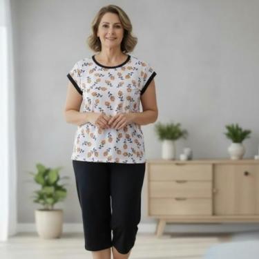 Imagem de Pijama Feminino Pescador Senhora Manga Curta Bermuda Roupa Feminina - 