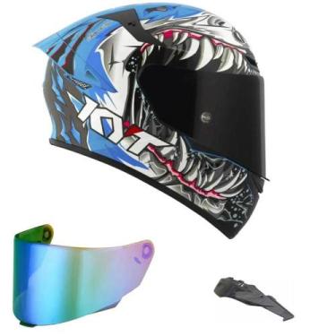 Imagem de Capacete KYT TT Course Megalodon Azul Mais Viseira Camaleão e Spoiler 