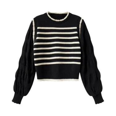 Imagem de Suéter Feminino De Tricô Listrado Preto E Branco Estilo Coreano Macio 