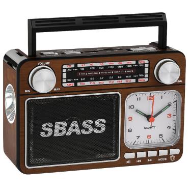 Imagem de Rádio Portátil Recarregável Bluetooth Sbass Com Relógio, Usb, Tf E Am-fm Cor:marrom