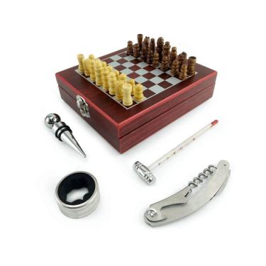 Imagem de Kit Vinho Luxo Estojo Madeira 4 Peças Saca Rolha Jogo Xadrez