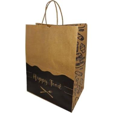 Imagem de 50 Sacolas De Papel Kraft Alça Torcida Delivery Tamanho médio M 24x30x14 HAPPY FOOD