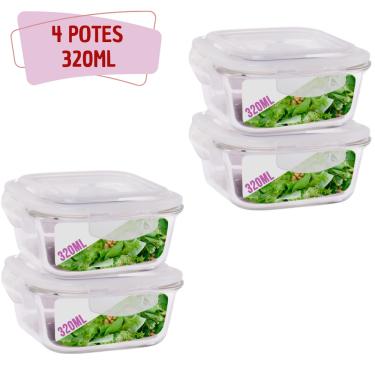 Imagem de Kit 4 Potes Tampa Hermetica Quadrado de Vidro 320ml Alimento