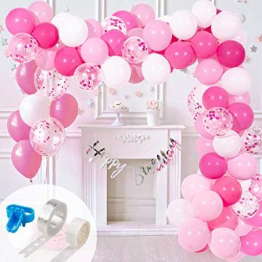 Imagem de Whaline Kit de arco de guirlanda de balões rosa e branco, 120 peças, balão branco rosa-choque metálico, ouro rosa, confetes, balões de látex para aniversário, noivado, chá de bebê, festa de despedida