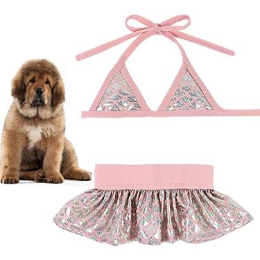 Imagem de Conjunto de biquíni para cachorro verão divertido maiô de praia confortável 2 peças/conjunto casual alça ajustável vestido de saia de banho para piscina, rosa, P (peito: 35 cm)
