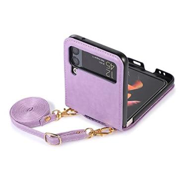 Imagem de Capa de telefone transversal simples para Samsung Galaxy Z Flip 4 3 5G compartimento para cartões de crédito capa traseira de couro com cordão, roxo, para Galaxy Z Flip4 5G