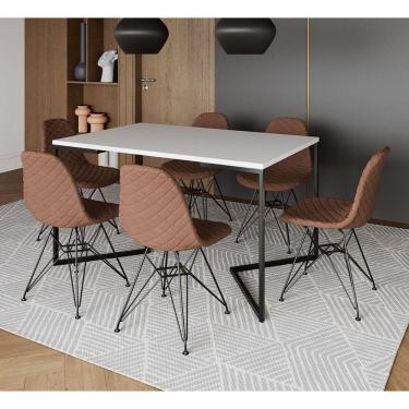 Imagem de Mesa Industrial Retangular Base V 137x90cm Branca C/ 6 Cadeiras Estofadas Caramelo Eiffel Aço Preto 