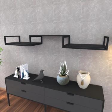 Imagem de Prateleira Industrial Suspensa Estante Parede Nicho Preto Ferro E Madeira Suporte Pratileira