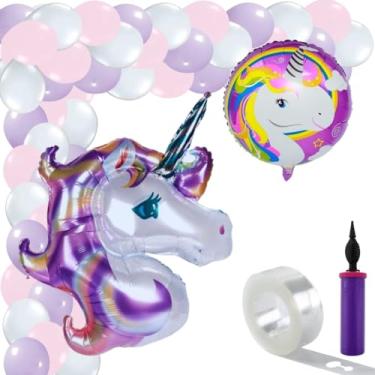 Imagem de Mega Kit 79pcs, Balão Temático Unicórnio + Balão Metalizado Unicórnio Redondo + 75 Balões Bexigas + Bomba Encher Balão + Tira Suporte Para Arco Desconstruído, Kit Festa Temática Unicórnio (Roxo)