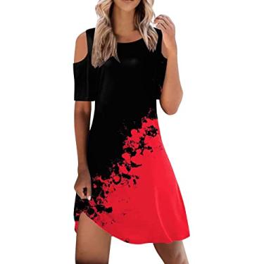 Imagem de UIFLQXX 2023 Vestido de verão feminino manga curta gola redonda cintura praia casual frente única vestido feminino casual, Vermelho, XXG