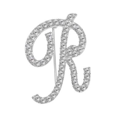 Imagem de Broche de letra inicial prata strass 26 letras broche de lapela cristal A-Z Inicial Aphabet emblemas para mulheres homens terno casaco decorações charme inicial broche presente para melhores amigas