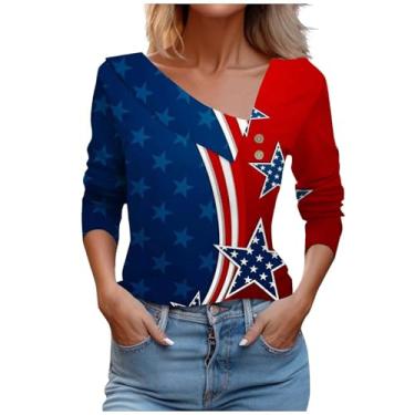 Imagem de Camiseta feminina com bandeira americana do Dia da Independência, patriótica, 4 de julho, roupa assimétrica com lapela, Cinza, P