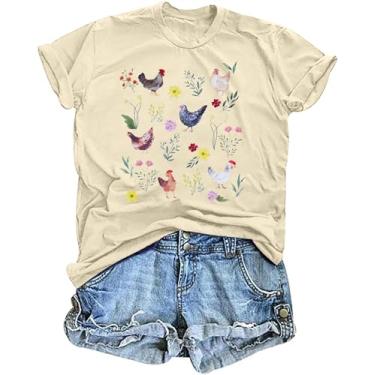 Imagem de Camiseta feminina com estampa de galinha, camiseta feminina de fazenda, estampa de galinha, casual, manga curta, Creme, M