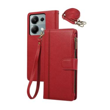 Imagem de Carteira com alça de pulso crossbody com suporte para cartão capa de telefone para Xiaomi 14 Note 13 12 12T 13T Pro Plus 13C Lite capa de couro, vermelha, para POCO C65