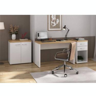 Imagem de Kit 3 Peças com Escrivaninha Minimalista, Balcão Multiuso 2 Portas e Gaveteiro Organizador Olmo/Branco