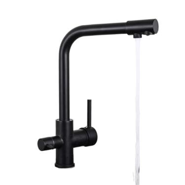 Imagem de Torneiras de cozinha pretas de latão para água purificada, torneira misturadora de pia de água quente e fria, montadas no deck, alças duplas, torneira com filtro de água pura, guindaste, preto