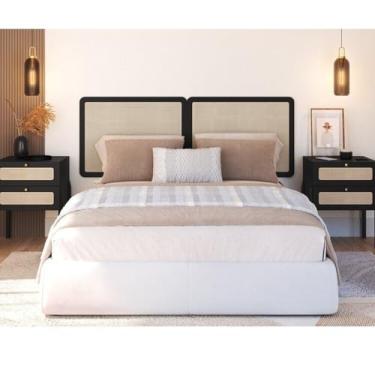 Imagem de Conjunto Cabeceira Casal 160cm e 2 Mesas de Cabeceira 2 Gavetas Pé Madeira Palhinha Oslo Nero Nero/Preto