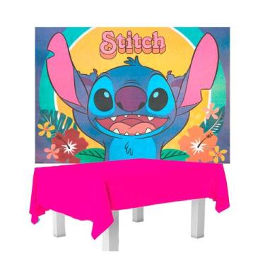 Imagem de Kit festa Stitch Decoração Toalha Rosa + Painel 1,40m TNT - Piffer