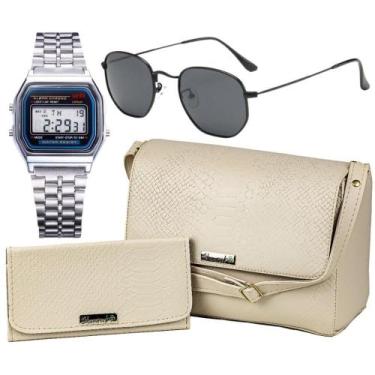 Imagem de Kit Bolsa Lorena Feminina Transversal e Carteira de Mão Creme + Relógi