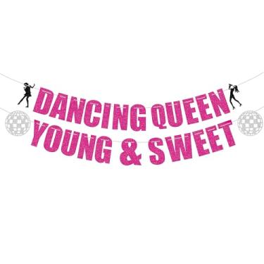 Imagem de Dancing Queen Young & Sweet Banner, Mamma Mia Bachelorette Party Decorations, Disco Ball Banner For Youngth Girl Birthday Party Decorations