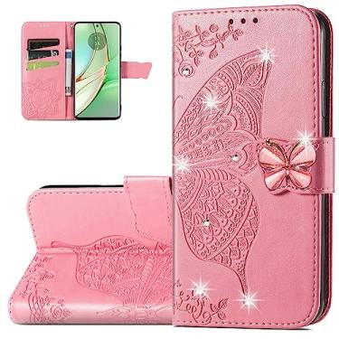 Imagem de Dinglijia Capa carteira para Motorola Edge 40, capa de couro PU padrão borboleta com fecho magnético e slots de cartão de dinheiro para Moto Edge 40, strass rosa