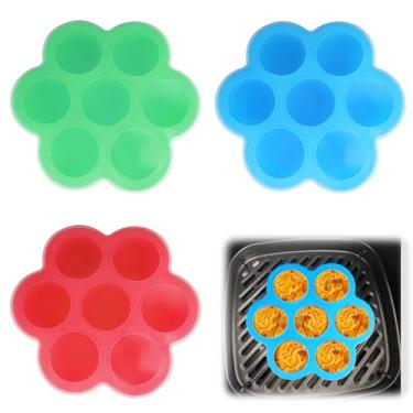 Imagem de Pacote com 3 moldes de silicone para fritadeira a ar, molde de mordida de ovo de silicone para fritadeira a ar com tampa, panela reutilizável para mordidas de ovos, alternativa ao sous vide, molde de