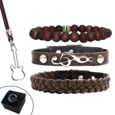 Imagem de Pulseiras Couro MÚSICA Kit C03 + Colar Guitarra - GRANADO ACESSÓRIOS, 
