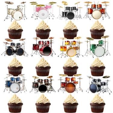 Imagem de Drum Dessert Cupcake Toppers Music Drum Birthday Party Decorations Drums Cupcake Picks for Music Theme Party Rock Roll Drummer Band Decor